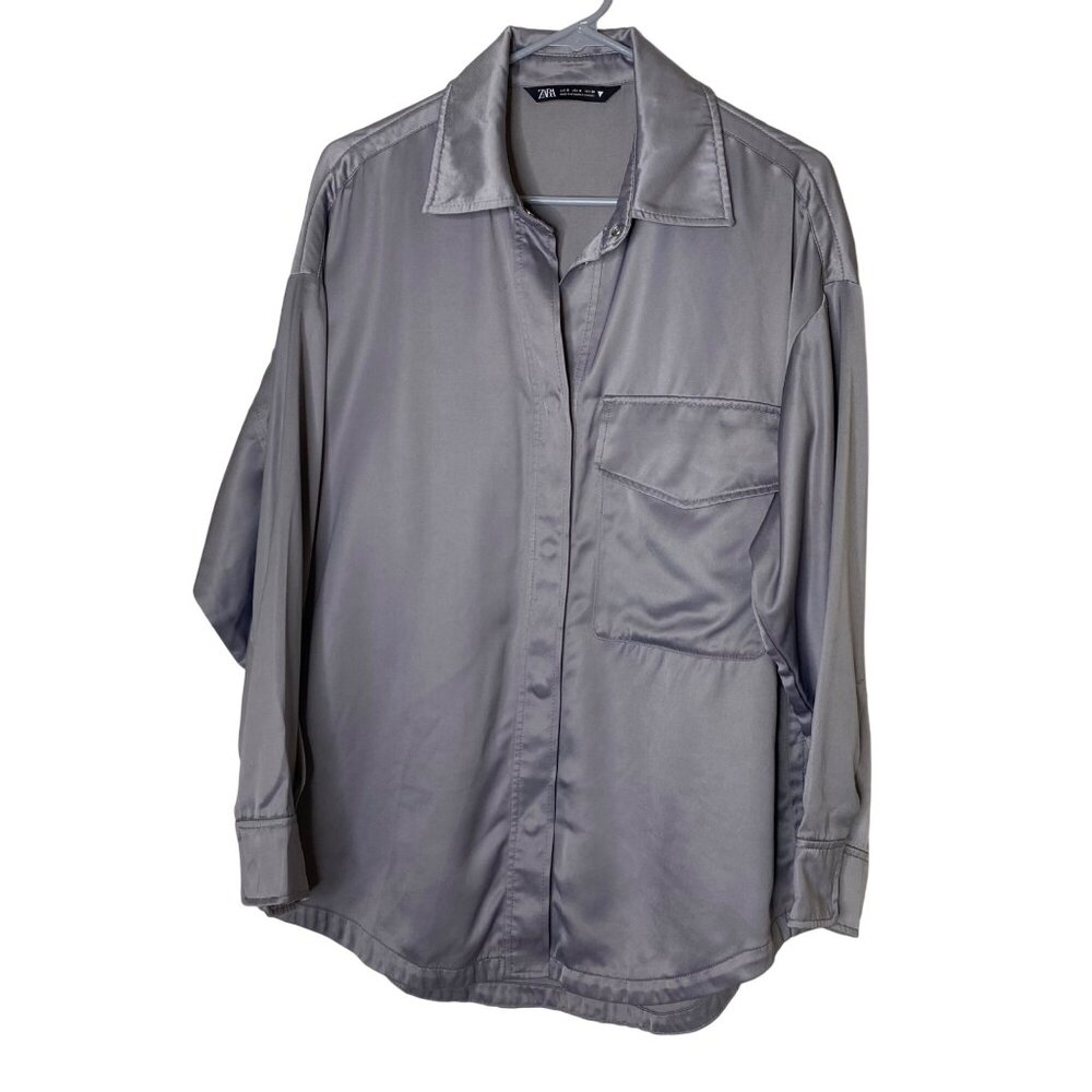 ZARA Satin Effect Snap Front Oversized Shacket Silver Long Sleeve Pocket Shirt S